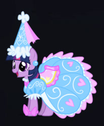 Size: 1375x1667 | Tagged: safe, artist:mixermike622, imported from derpibooru, twilight sparkle, pony, unicorn, beautiful, big smile, black background, bow, clothes, cute, dress, ear piercing, froufrou glittery lacy outfit, happy, hat, hennin, jewelry, necklace, open mouth, piercing, pretty, princess, simple background, twiabetes, twilight wants to be a princess, unicorn twilight