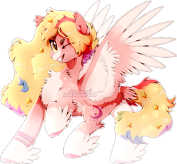 Size: 881x818 | Tagged: safe, artist:foxklt, imported from twibooru, oc, oc:day dreamer, pegasus, pony, art trade, blaze (coat marking), chest fluff, coat markings, colored hooves, ear tufts, feathered fetlocks, female, image, looking at you, one eye closed, png, ponysona, simple background, smiling, socks (coat marking), solo, spread wings, stars in mane, tail feathers, transparent background, white outline, wings