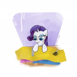 Size: 1773x1773 | Tagged: safe, artist:widelake, imported from derpibooru, rarity, unicorn, desk, fabric, ruler, scissors, solo