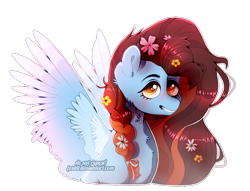 Size: 864x661 | Tagged: safe, artist:foxklt, imported from twibooru, oc, pegasus, pony, braid, bust, commission, female, flower, flower in hair, image, looking at you, mare, png, simple background, smiling, solo, spread wings, transparent background, wings