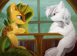 Size: 4256x3104 | Tagged: safe, artist:beardie, imported from derpibooru, oc, oc only, oc:eldorada, oc:yiazmat, kirin, pony, unicorn, couple, cute, date, duo, female, horn, husband and wife, kirin oc, looking at each other, looking at someone, male, mare, married couple, oc x oc, plant, scar, shipping, stallion, table, unicorn oc, window