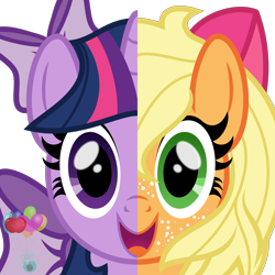 Size: 2000x2000 | Tagged: safe, artist:favitwink, imported from derpibooru, applejack, twilight sparkle, :d, accessory swap, alternate hairstyle, animated, animated png, apple bloom's bow, bow, bust, commission, duo, eyes open, freckles, hair bow, happy, head only, horn, looking at you, loop, loose hair, open mouth, open smile, perfect loop, portrait, show accurate, simple background, smiling, split screen, symmetrical, transparent background, two sides, wide eyes, your character here