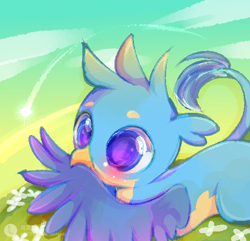 Size: 474x457 | Tagged: safe, artist:lanlanlc, imported from derpibooru, gallus, griffon, adorable face, baby gallus, behaving like a bird, birb, biting, bloom, blue eyes, cloud, colorful, cute, dawn, dawn light, ear fluff, eye reflection, gallabetes, glowing, grass, grooming, looking at you, male, preening, purple eyes, reflection, shadow, sky, solo, weapons-grade cute, windy, wings, younger