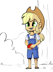 Size: 3204x4296 | Tagged: safe, artist:tjpones, imported from derpibooru, applejack, human, equestria girls, apple, clothes, cute, female, food, freckles, grin, high res, jackabetes, overalls, sandals, smiling, solo, tooth gap, younger