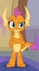 Size: 296x537 | Tagged: safe, imported from derpibooru, screencap, smolder, dragon, the hearth's warming club, cropped, crossed arms, dragoness, female, looking at you, raised eyebrow, solo