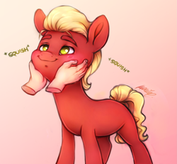 Size: 2133x1967 | Tagged: safe, alternate version, artist:buttersprinkle, imported from derpibooru, part of a set, sprout cloverleaf, earth pony, pony, alternate character, blushing, cute, daaaaaaaaaaaw, disembodied hand, g5, gradient background, hand, male, no pupils, offscreen character, offscreen human, smiling, solo focus, sproutbetes, sproutlove, squeezing, squishy, squishy cheeks, stallion