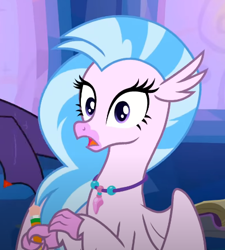 Size: 431x479 | Tagged: safe, imported from derpibooru, screencap, silverstream, classical hippogriff, hippogriff, student counsel, cropped, female, jewelry, necklace, pencil, reaction image, solo, treehouse of harmony