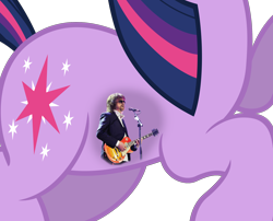 Size: 2054x1662 | Tagged: safe, artist:stabzor, edit, imported from derpibooru, human, pony, unicorn, cropped, electric light orchestra, elo, female, guitar, jeff lynne, mare, microphone, musical instrument, simple background, singing, song reference, transparent background