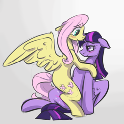 Size: 768x768 | Tagged: safe, artist:smirk, imported from derpibooru, fluttershy, twilight sparkle, alicorn, pegasus, pony, blushing, colored sketch, cute, duo, female, floppy ears, gray background, lesbian, lidded eyes, misleading thumbnail, shipping, simple background, spread wings, straddling, twilight sparkle (alicorn), twishy, wings