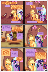 Size: 3255x4838 | Tagged: safe, artist:gutovi, imported from derpibooru, applejack, twilight sparkle, alicorn, earth pony, pony, comic:why me!?, alternate ending, comic, door, doorway, female, golden oaks library, hat, high res, lesbian, mare, shipping, show accurate, table, twijack, twilight sparkle (alicorn), yawn