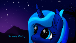 Size: 3840x2160 | Tagged: safe, artist:stellardust, imported from derpibooru, oc, oc only, oc:stellar dust, pony, unicorn, dialogue, female, high res, mare, night, night sky, open mouth, sky, solo, starry eyes, stars, wingding eyes