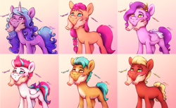 Size: 1800x1100 | Tagged: safe, artist:buttersprinkle, imported from derpibooru, hitch trailblazer, izzy moonbow, pipp petals, sprout cloverleaf, sunny starscout, zipp storm, earth pony, pegasus, pony, unicorn, adorapipp, adorazipp, cute, disembodied hand, female, g5, hand, hitchbetes, izzybetes, male, mane five (g5), mare, my little pony: a new generation, new mane six (g5), offscreen character, offscreen human, sproutbetes, squeezing, squishy cheeks, stallion, sunnybetes, zipp is a marshmallow