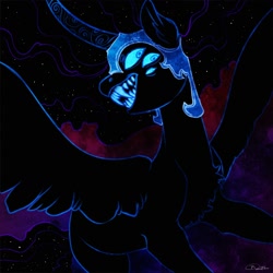 Size: 2000x2000 | Tagged: safe, artist:opalacorn, imported from derpibooru, nightmare moon, alicorn, pony, chest fluff, curved horn, fangs, female, high res, horn, mare, missing accessory, multiple eyes, open mouth, sharp teeth, solo, spread wings, teeth, wings