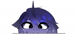 Size: 1934x885 | Tagged: safe, artist:magnaluna, imported from derpibooru, princess luna, alicorn, pony, eye clipping through hair, eyebrows, eyebrows visible through hair, floppy ears, simple background, smiling, solo, sparkles, white background
