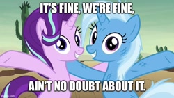 Size: 736x414 | Tagged: safe, edit, edited screencap, imported from derpibooru, screencap, starlight glimmer, trixie, pony, unicorn, road to friendship, season 8, spoiler:s08, caption, disney, duo, duo female, female, image macro, looking at you, meme, meme template, text, zombies (disney movie), zombies 3