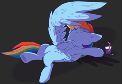 Size: 2183x1500 | Tagged: safe, artist:taaffeiite, imported from derpibooru, rainbow dash, pegasus, pony, armpits, chest fluff, drink, eyes closed, female, gray background, lying down, mare, on back, simple background, smiling, solo, underhoof, wings