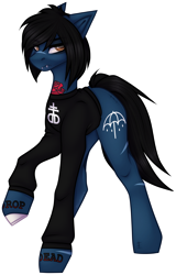 Size: 1680x2619 | Tagged: safe, artist:ouijaa, imported from derpibooru, oc, oc only, earth pony, pony, undead, zombie, zombie pony, bloodshot eyes, bone, bring me the horizon, clothes, commission, fangs, long sleeves, male, oliver sykes, ponified, scar, simple background, solo, stallion, stitches, tattoo, transparent background