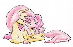 Size: 1266x816 | Tagged: safe, artist:lost marbles, imported from derpibooru, fluttershy, pinkie pie, earth pony, pegasus, pony, boop, colored pencil drawing, eyes closed, lying down, lying on top of someone, nose wrinkle, noseboop, prone, simple background, size difference, smol, tallershy, traditional art, white background