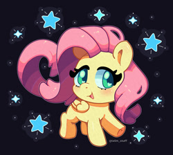 Size: 1200x1074 | Tagged: safe, artist:talimingi, imported from derpibooru, fluttershy, pegasus, pony, black background, blushing, chibi, cute, female, looking at you, mare, raised hoof, shyabetes, simple background, solo, stars, wingding eyes