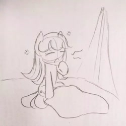 Size: 640x640 | Tagged: safe, artist:snowzaaah, imported from derpibooru, applejack, earth pony, pony, appledash, doodle, female, harmony exam au, lesbian, monochrome, morning ponies, pencil drawing, shipping, sketch, solo, tent, traditional art