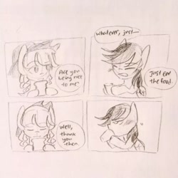 Size: 640x640 | Tagged: safe, artist:snowzaaah, imported from derpibooru, applejack, rainbow dash, earth pony, pegasus, pony, appledash, blushing, doodle, female, harmony exam au, lesbian, monochrome, pencil drawing, shipping, sketch, traditional art, tsunderainbow, tsundere