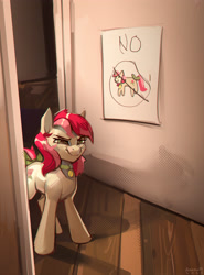 Size: 2581x3485 | Tagged: safe, artist:annna markarova, imported from derpibooru, roseluck, earth pony, pony, >:), become ungovernable, bell, bell collar, bow, collar, commission, commissioner:doom9454, defiant, evil grin, eyebrows, eyebrows visible through hair, featured image, female, fuck the police, glare, grin, high res, mare, meme, no, pet tag, ponified animal photo, pony pet, rosepet, screentone, signature, smiling, smirk, smug, solo, tail, tail bow