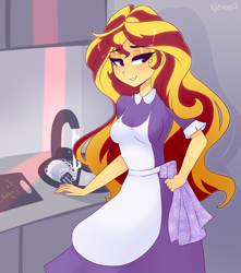 Size: 2528x2860 | Tagged: safe, artist:xjenn9, imported from derpibooru, sunset shimmer, human, equestria girls, apron, clothes, cute, dress, housewife, maid, shimmerbetes, sink, solo