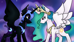 Size: 2488x1400 | Tagged: safe, artist:namiiarts, imported from derpibooru, nightmare moon, princess celestia, alicorn, pony, constellation, duo, frown, grin, looking at each other, looking at someone, narrowed eyes, smiling, spread wings, wings