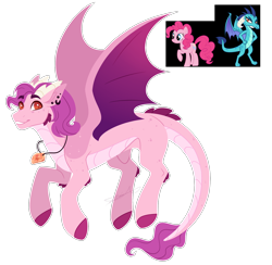 Size: 1800x1757 | Tagged: safe, artist:purplegrim40, imported from derpibooru, pinkie pie, princess ember, oc, dracony, dragon, earth pony, hybrid, pony, dragoness, female, jewelry, magical lesbian spawn, mare, necklace, offspring, parent:pinkie pie, parent:princess ember, simple background, transparent background