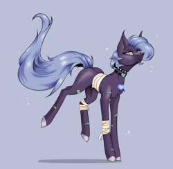 Size: 2636x2574 | Tagged: safe, artist:thelazyponyy, imported from derpibooru, oc, oc only, earth pony, pony, bandage, blue background, choker, earth pony oc, female, mare, simple background, solo, spiked choker