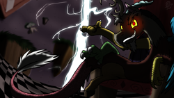 Size: 2400x1350 | Tagged: safe, artist:dragonwolfrooke, imported from derpibooru, discord, draconequus, backlighting, evil grin, glowing, glowing eyes, grin, lightning, smiling, solo, throne