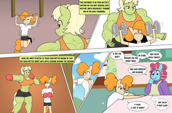 Size: 3931x2599 | Tagged: safe, artist:matchstickman, imported from derpibooru, cup cake, granny smith, pear butter, anthro, comic:the other side, abs, boxing, boxing gloves, chiffon swirl, clothes, comic, female, granny smash, mare, muscles, sports, teenager, weight lifting, weights, young granny smith, younger