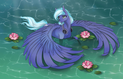 Size: 1920x1241 | Tagged: artist needed, safe, imported from derpibooru, oc, oc only, oc:moonlight drop, pegasus, flower, headphones, lake, solo, water