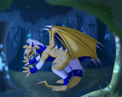Size: 5315x4252 | Tagged: safe, artist:creed larsen, imported from derpibooru, oc, dragon, claws, evil, fangs, forest, lightning, solo, wings