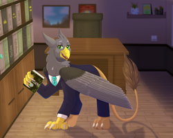 Size: 5315x4252 | Tagged: safe, artist:creed larsen, imported from derpibooru, oc, griffon, book, clothes, commission, looking at you, office, solo, suit, wings