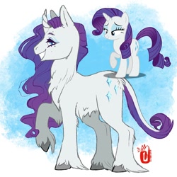 Size: 900x900 | Tagged: safe, artist:chamomilenugget, imported from derpibooru, rarity, pony, unicorn, chest fluff, curved horn, female, horn, mare, raised hoof, signature, simple background, smiling, solo, teeth