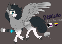 Size: 2224x1594 | Tagged: safe, artist:maplefr0st, imported from derpibooru, oc, donkey, hybrid, pegasus, androgynous, big ears, blue eyes, character concept, demisexual, demisexual pride flag, eyelashes, facial hair, gray, long mane, nonbinary, nonbinary pride flag, pone, pride, pride flag, white