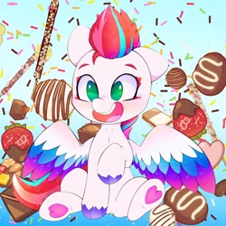 Size: 3000x3000 | Tagged: safe, artist:zokkili, imported from derpibooru, zipp storm, pegasus, pony, adorazipp, chocolate, chocolate-covered strawberry, colored eyelashes, cute, daaaaaaaaaaaw, female, floppy ears, food, g5, happy, heart, mare, one eye closed, open mouth, open smile, raised hoof, sitting, smiling, solo, spread wings, strawberry, that pony sure does love chocolate, underhoof, weapons-grade cute, wings