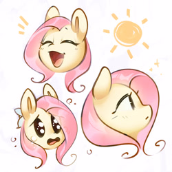 Size: 2800x2800 | Tagged: safe, artist:mirroredsea, imported from derpibooru, fluttershy, pegasus, pony, bust, crying, emanata, eyes closed, female, happy, mare, open mouth, open smile, portrait, profile, sad, simple background, smiling, solo, sun, teary eyes, white background