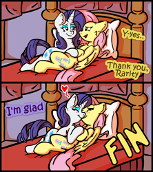 Size: 2400x2700 | Tagged: safe, artist:mc_arts, imported from derpibooru, fluttershy, rarity, pegasus, pony, unicorn, comic:helping out, bed, blushing, comic, dialogue, female, flarity, futa, futa fluttershy, heart, holding hooves, intersex, kissing, lesbian, lying down, on back, on bed, shipping