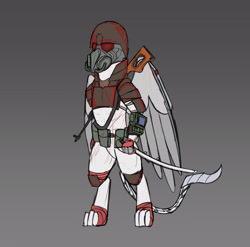 Size: 2600x2568 | Tagged: safe, artist:somber, imported from derpibooru, oc, griffon, armor, fallout, female, griffon oc, gun, mask, pipbuck, saber, solo, weapon