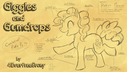 Size: 2400x1350 | Tagged: safe, artist:dragonwolfrooke, imported from derpibooru, pinkie pie, earth pony, pony, anatomy guide, eyes closed, monochrome, open mouth, open smile, smiling, solo, song cover