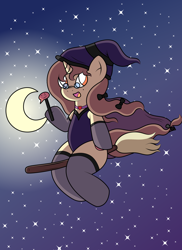 Size: 2550x3509 | Tagged: safe, artist:sparkfler85, imported from derpibooru, oc, oc only, oc:hymyt, pony, unicorn, beauty mark, bow, broom, cape, clothes, cute, dress, female, flying, flying broomstick, glasses, gloves, hat, moon, night, socks, solo, stars, stockings, thigh highs, wand, witch, witch hat
