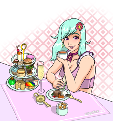 Size: 1243x1334 | Tagged: safe, artist:carpdime, imported from derpibooru, human, afternoon tea, alcohol, burger, cake, champagne, cup, cupcake, dahlia, flower, flower in hair, food, g5, humanized, rainbow, smiling, solo, teacup, wine