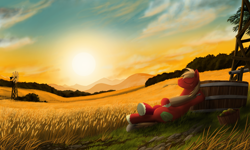 Size: 2000x1200 | Tagged: safe, artist:cerebre-arkor, imported from derpibooru, big macintosh, earth pony, pony, barrel, eyes closed, field, food, leaning, lying down, male, on back, scenery, solo, stallion, straw in mouth, wheat