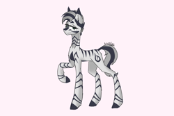 Size: 2700x1800 | Tagged: safe, artist:anastas, imported from derpibooru, oc, oc only, oc:niravia, zebra, female, green eyes, mare, pink background, raised hoof, simple background, sketch, solo, striped mane, striped tail, stripes, tail, white coat