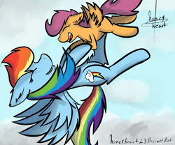 Size: 3000x2500 | Tagged: safe, artist:honeyheart23, imported from derpibooru, rainbow dash, scootaloo, pegasus, pony, duo, eyes closed, female, flying, scootaloo can fly, scootalove, smiling