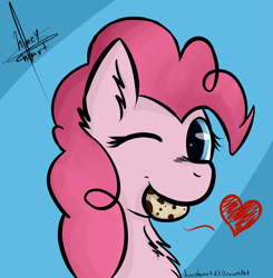 Size: 2087x2126 | Tagged: safe, artist:honeyheart23, imported from derpibooru, pinkie pie, earth pony, pony, bust, chest fluff, cookie, egg, female, food, heart, misleading thumbnail, one eye closed, quail egg, solo, wink