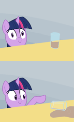 Size: 575x942 | Tagged: safe, artist:furseiseki, edit, imported from derpibooru, twilight sparkle, pony, 2012, artifact, brony history, chocolate, chocolate milk, comic, drink, everything is ruined, evil, exploitable meme, female, horn, it begins, mare, meme, meme origin, milk, moral event horizon, nostalgia, pure unfiltered evil, smiling, solo, spill, spilled milk, war crime