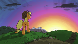 Size: 3840x2160 | Tagged: safe, artist:tadpoledraws, imported from derpibooru, applejack, earth pony, pony, 4everfreebrony, applejack's hat, cloud, commission, cowboy hat, grass, hat, mountain, path, rear view, solo, sun, sunset